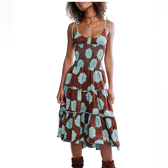 Free People Adriel Brown and Blue Patterned Midi Dress Small - Picture 1 of 9